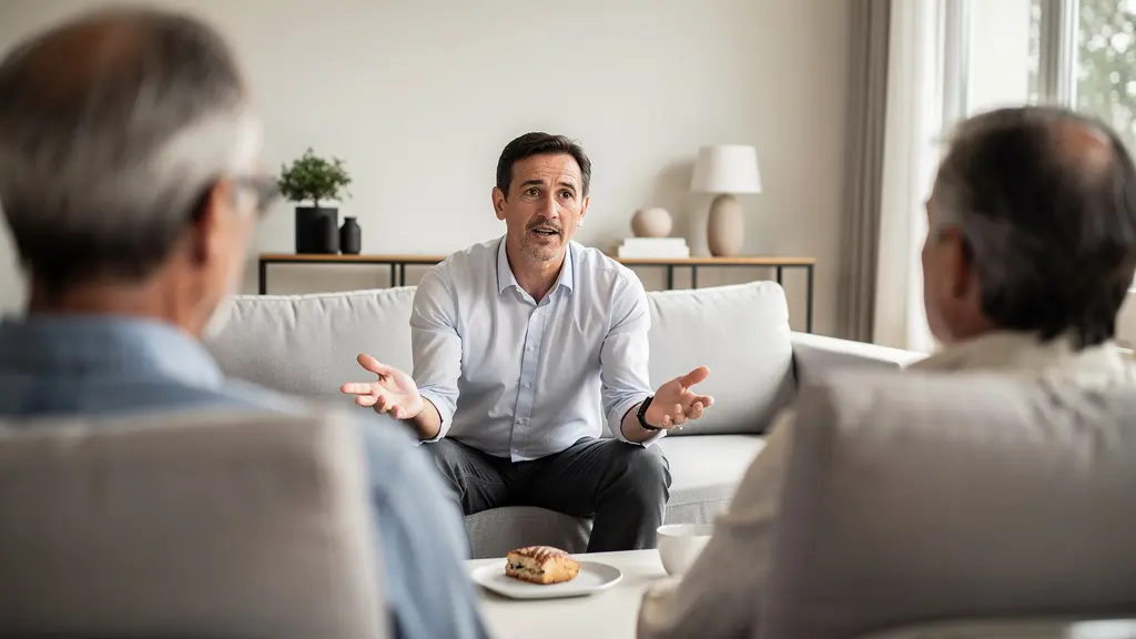 Agent immobilier français présentant les honoraires d'agence à un couple dans un salon