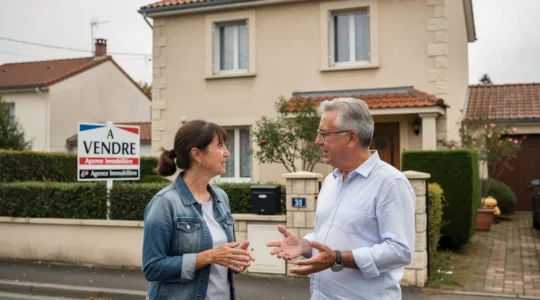 Couple français discutant devant leur maison avec panneau À vendre, frais de vente immobilière