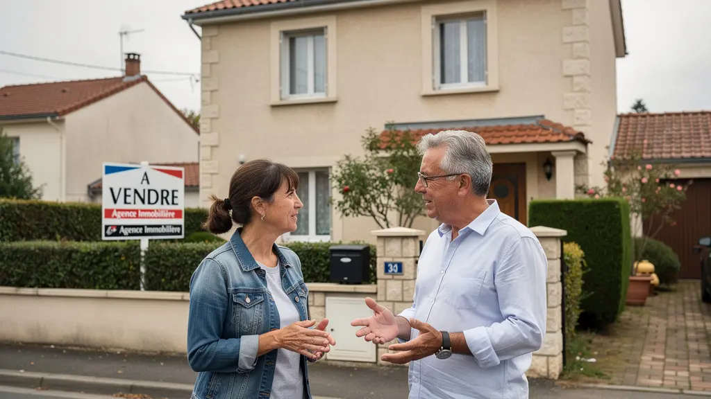 Couple français discutant devant leur maison avec panneau À vendre, frais de vente immobilière