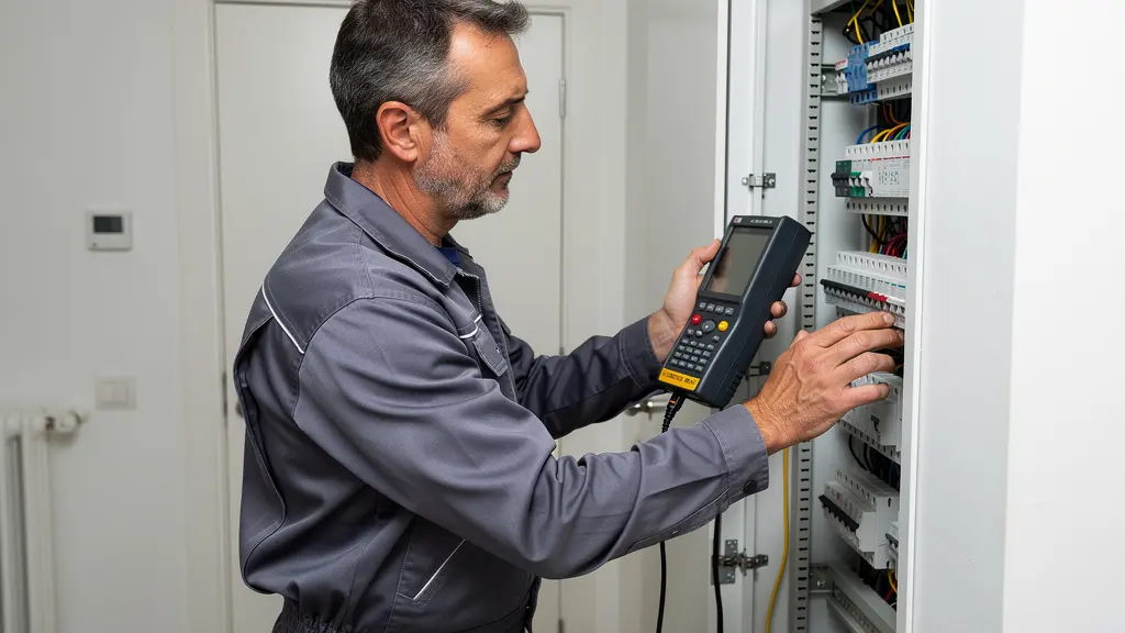 Diagnostiqueur immobilier inspectant une installation électrique lors d'un DPE obligatoire