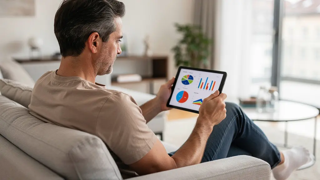 Propriétaire suisse consultant estimation immobilière sur tablette dans salon