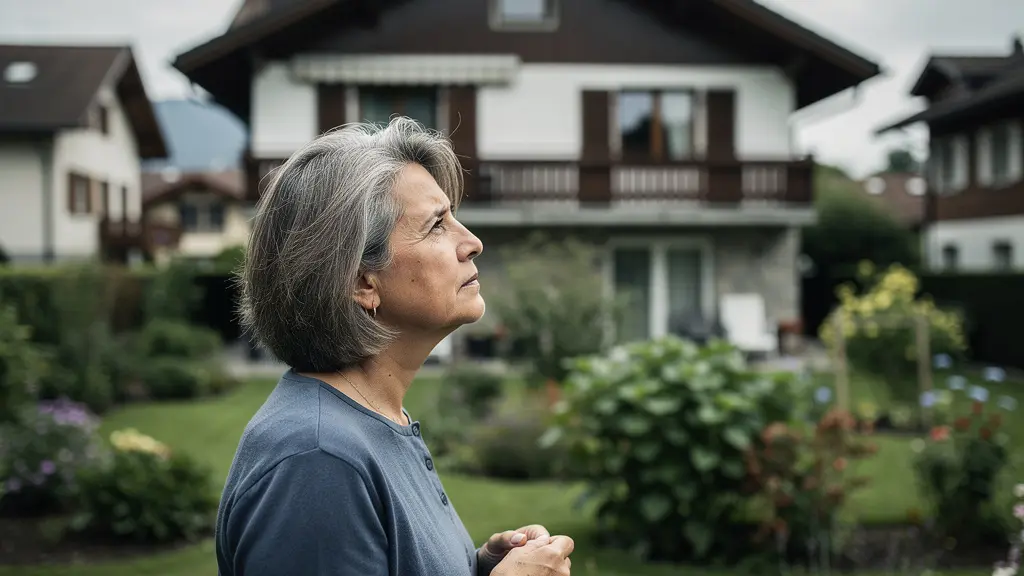 Propriétaire suisse observant sa maison depuis le jardin pour estimation immobilière