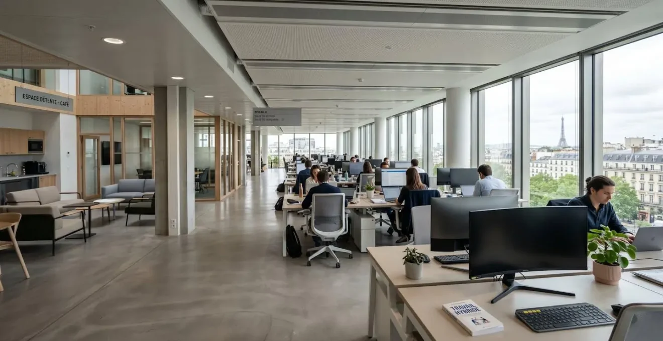Bureau moderne en open space avec plusieurs postes de travail équipés d'écrans, baigné de lumière naturelle par de grandes fenêtres