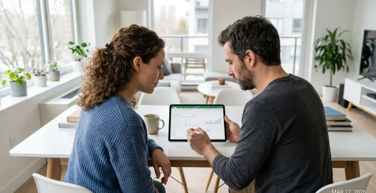 Un couple de trentenaires consulte ensemble une simulation de prêt immobilier sur une tablette, assis dans un salon contemporain lumineux