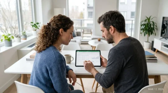 Un couple de trentenaires consulte ensemble une simulation de prêt immobilier sur une tablette, assis dans un salon contemporain lumineux