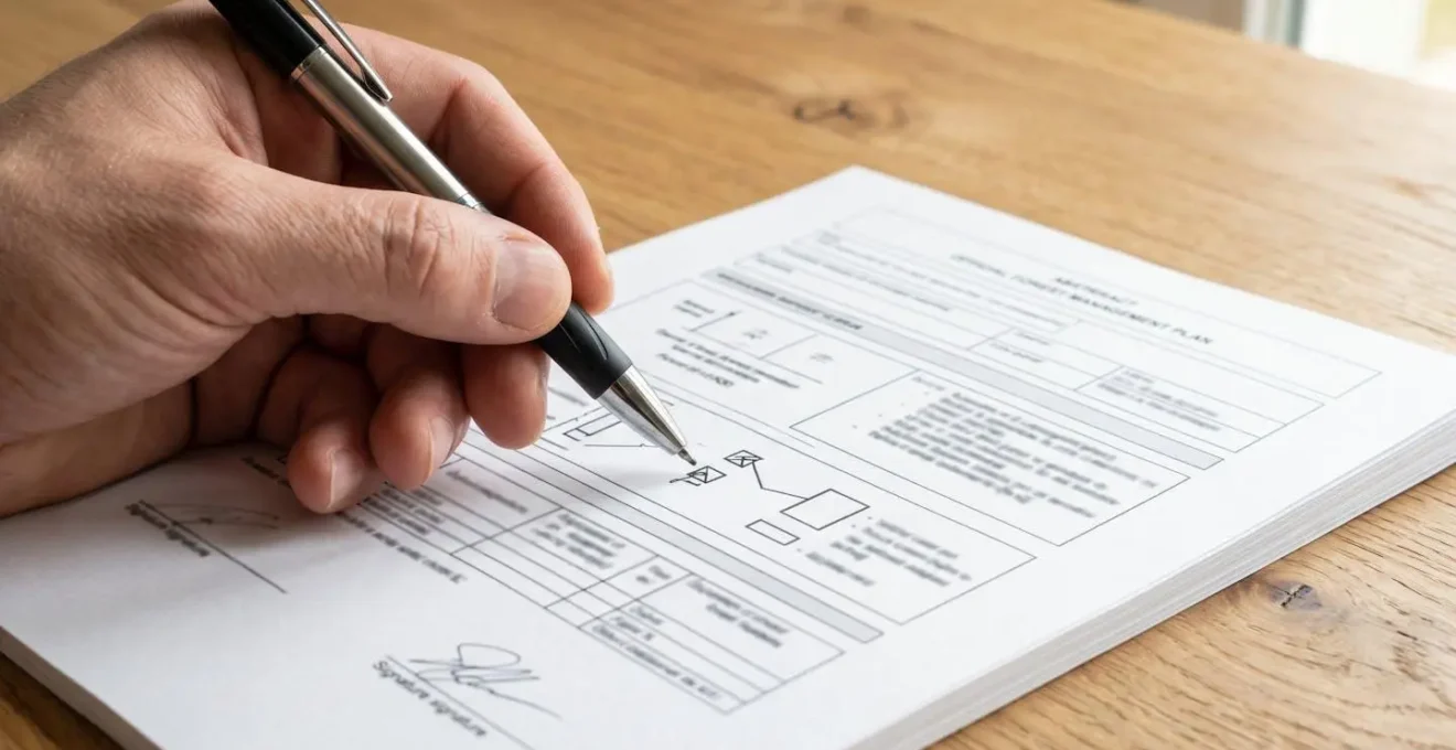 Gros plan sur un document administratif forestier posé sur un bureau en bois clair, une main tenant un stylo au-dessus du formulaire, avec un arrière-plan flouté créant un effet bokeh naturel