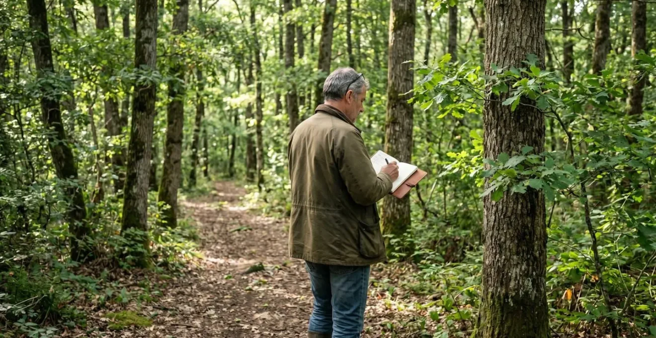 Un propriétaire forestier de dos, vêtu d'une veste outdoor, marchant dans une allée forestière bordée de chênes, carnet à la main, sous une lumière matinale filtrant à travers le feuillage