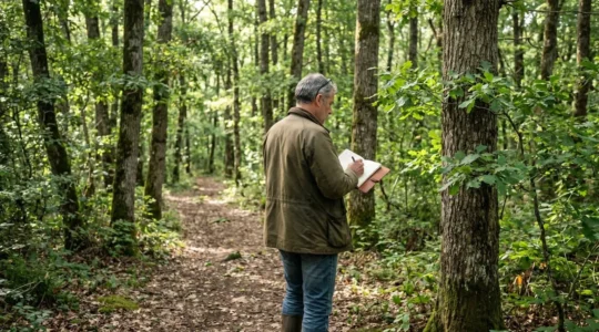 Un propriétaire forestier de dos, vêtu d'une veste outdoor, marchant dans une allée forestière bordée de chênes, carnet à la main, sous une lumière matinale filtrant à travers le feuillage