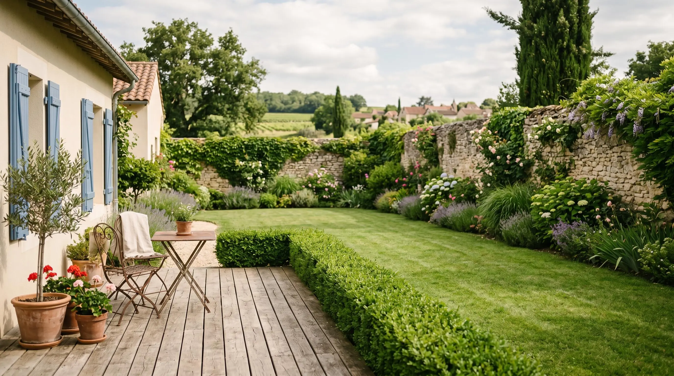 Jardin privatif clôturé avec terrasse en bois et pelouse entretenue, annexe d'une maison individuelle en zone périurbaine de Corrèze