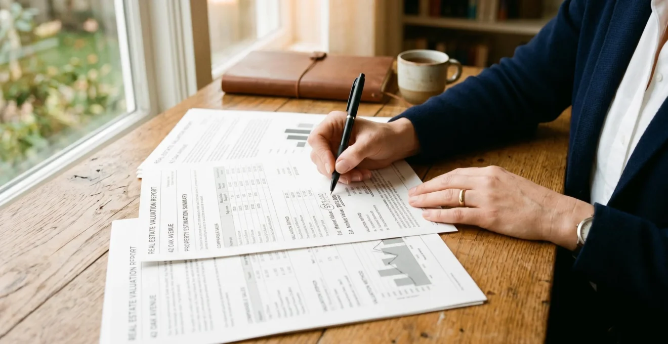 Propriétaire consultant des documents d'estimation immobilière à une table, avec des feuilles de calcul et un carnet de notes