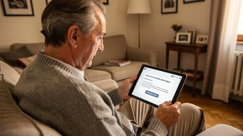 Copropriétaire senior consultant une notification de lettre recommandée électronique sur tablette à son domicile