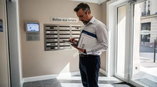 Gestionnaire de copropriété consultant une lettre recommandée électronique sur tablette dans le hall d'un immeuble résidentiel