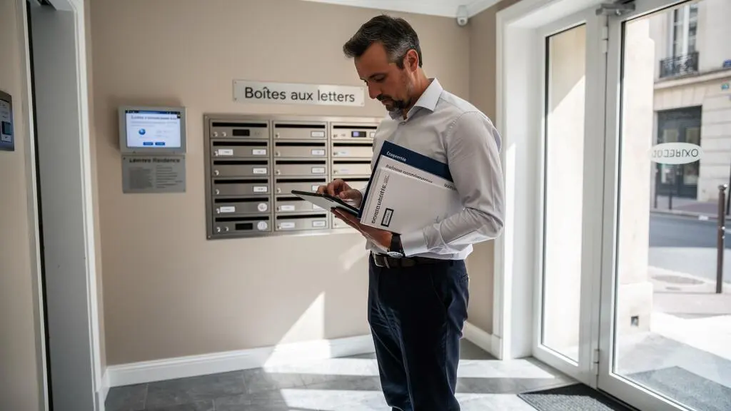 Gestionnaire de copropriété consultant une lettre recommandée électronique sur tablette dans le hall d'un immeuble résidentiel