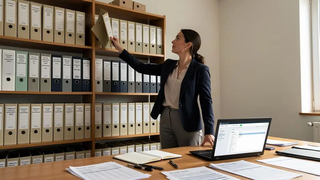 Syndic professionnel récupérant un dossier de copropriété dans son bureau avec ordinateur portable