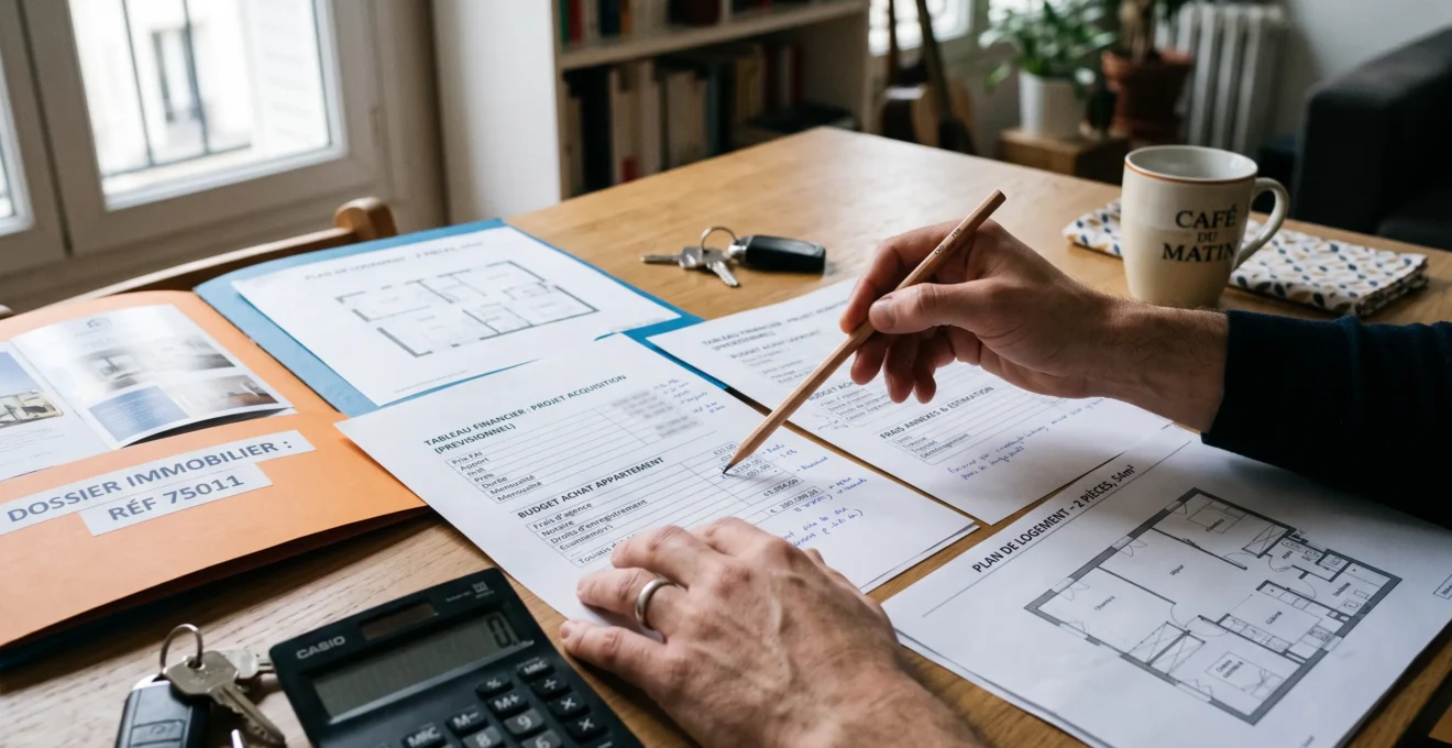 Documents de financement immobilier, calculatrice et dossier d’achat sur une table