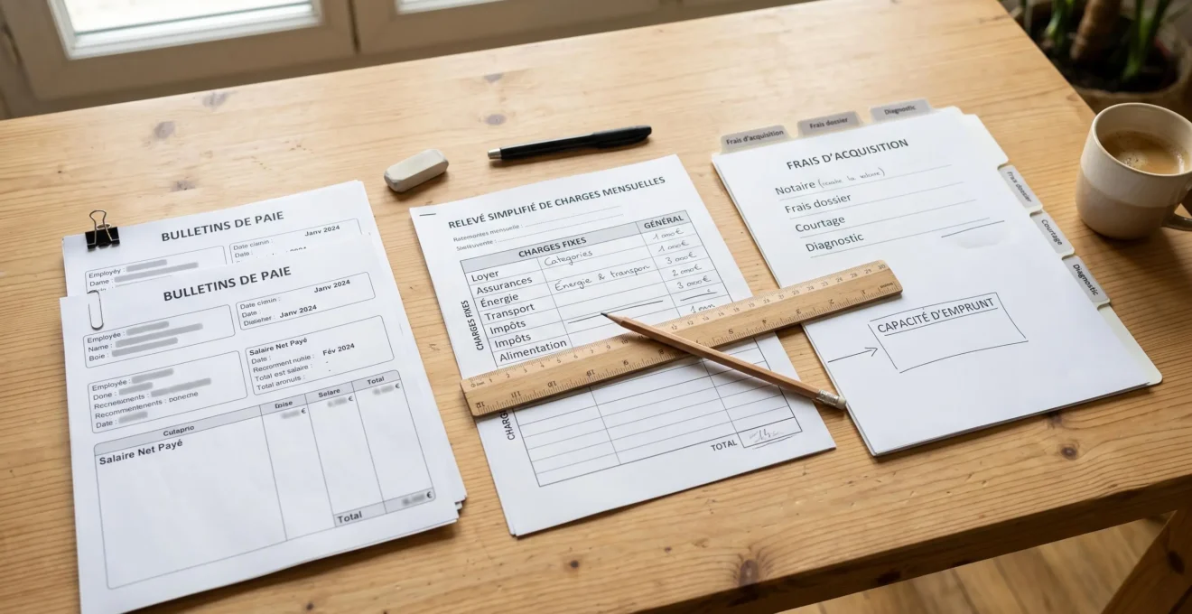 Budget immobilier annoté avec fiches de revenus, dépenses et frais annexes